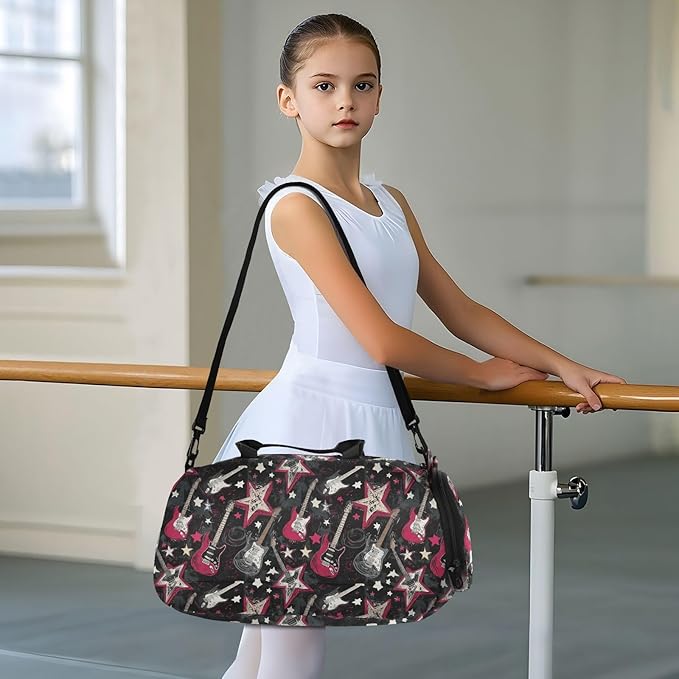 Punk Style Rock Guitar Star Balck Red Boy's Gym Duffel Bag with Shoes Compartment Multifunctional Kids Overnighter Duffel Bags for Travel, Swimming, Dance, Ballet bolsa para hombre