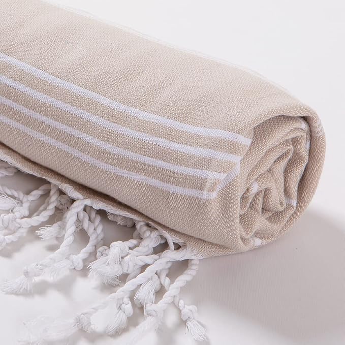 Hencely Turkish Beach Towel 37x68 Oversized, Sand-Free, Quick-Dry, Lightweight - Travel Essential for Pool & Bath - Striped 100% Cotton Bathroom Towels Accessories Gift (Beige)