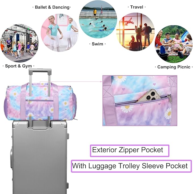 Dance Bag for Girls Sports Duffle Weekender Overnight Ballet Sports Gym Bag with Shoes Compartment (Tie Dye Daisy Purple)