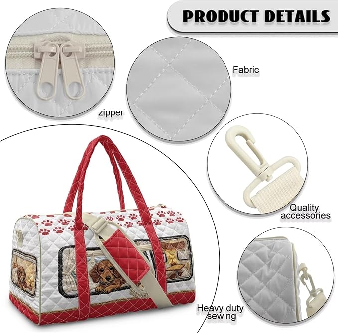 COEQINE Red Quilted Travel Bag for Women Cute Dachshund Dog Camper Car Print Quilted Tote Bag Large Car for Travel Duffle Bag Weekender Carry on Gym Backpack Purses for Womens