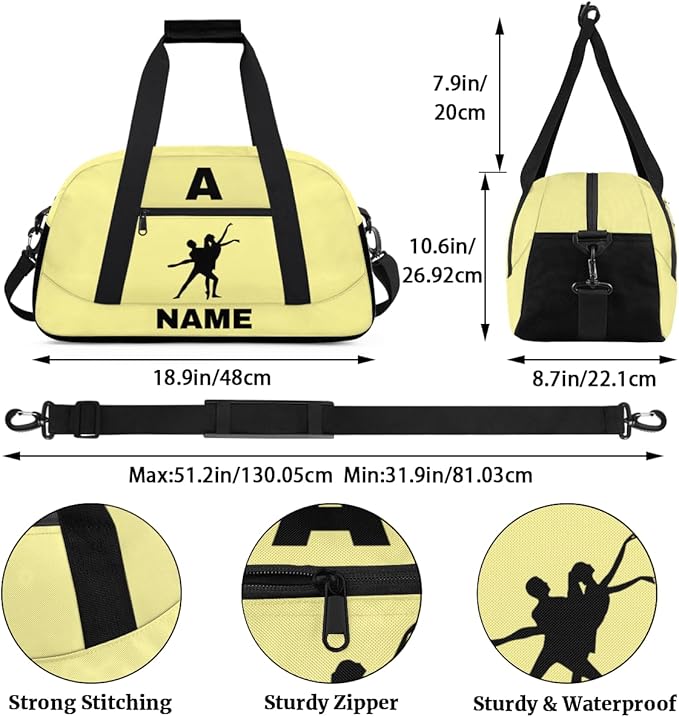 Personalize-Kids-Sports-Duffel-Bags With Custom Name Text Carry-On Overnight Travel Gym Lightweight Dance Pattern Sports Bags For Girls Boys Kids,Yellow