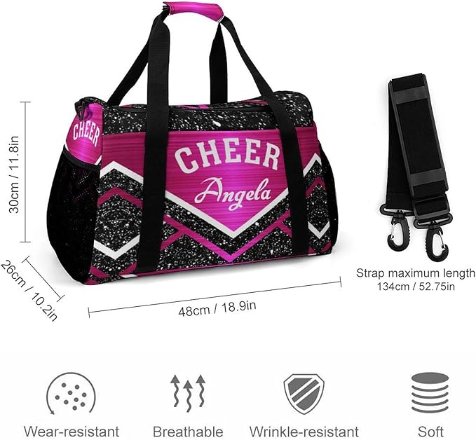 Personalized Cheerleaders Pink Red Fuchsia Cheering Duffle Bag with Adjustable Shoulder Strap Tote Bag for Women Man Workouts Custom Travel Perform Bag
