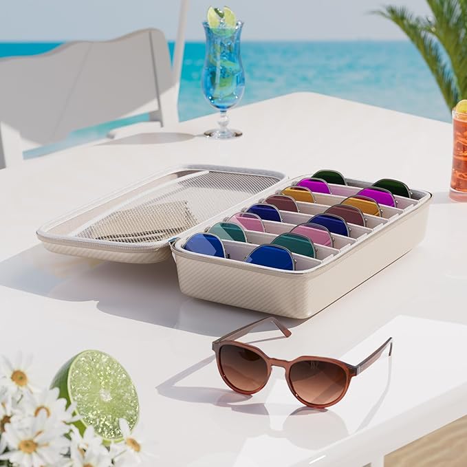 Travel Sunglasses Organizer, Hard Shell Sunglass Case Adjustable Slots for Multiple Sunglass Eyeglass Case