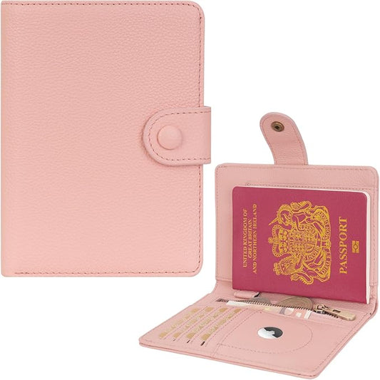 WASON Leather Passport Cover Wallet - Travel Passport Holder with RFID, Card Slots, Cash Pocket, Coin Purse, Tracker Slot, Boarding Pass and Ticket Organizer for Men and Women (Pink)