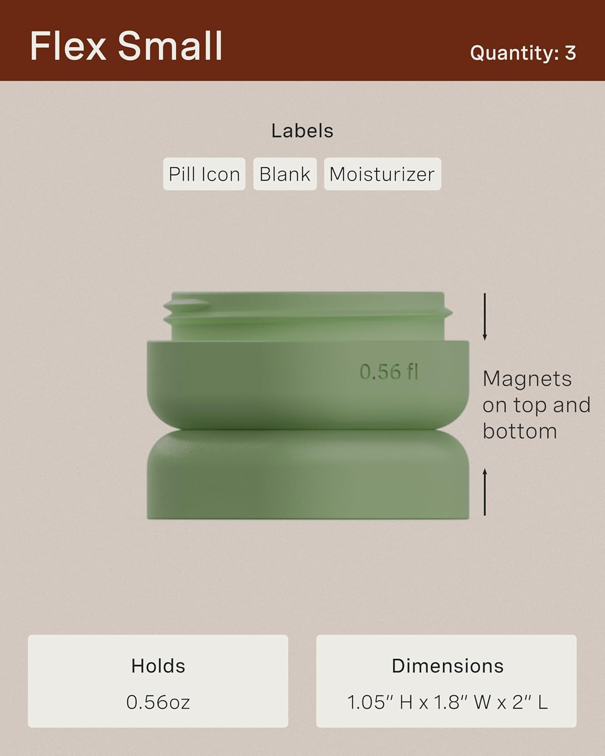 Cadence Travel Containers - Daily Routine Capsule Set - Magnetic Containers with Lids,4 Flex Mediums (1.32oz) & 3 Flex Smalls (0.56oz) - Shampoo, Conditioner, Body Wash, Pills, & More - Sand