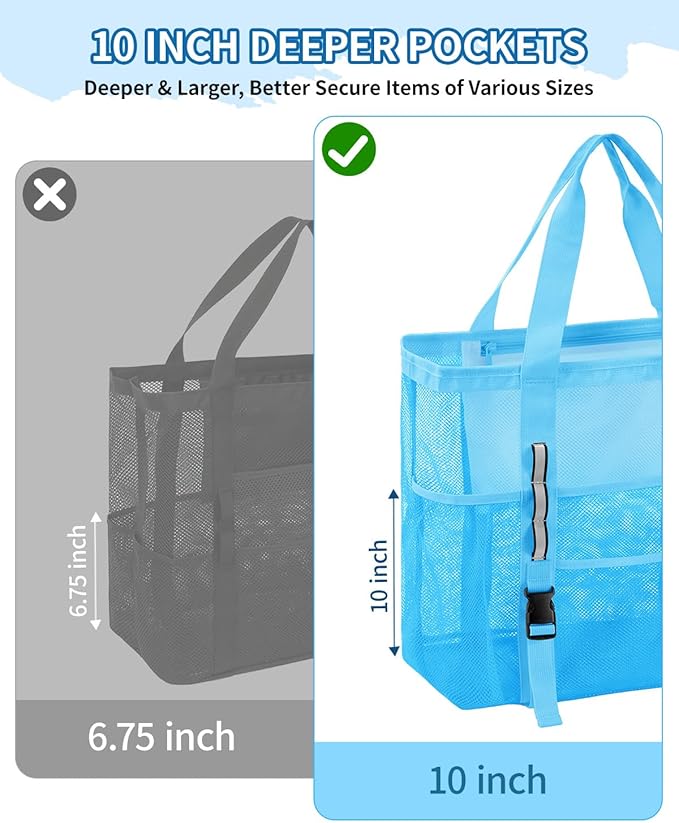 WANDF Mesh Beach Bag for Women, Large Beach Tote Bags with 40oz Tumbler Side Pockets, Family Pool Bag for Swim Toys Towels Cruise Vacation Essentials (Blue) | Breathable