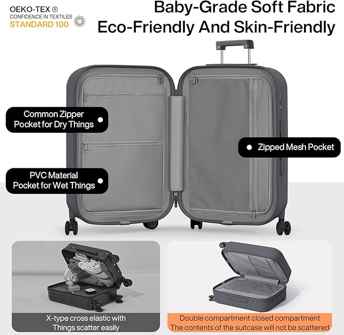 mixi Checked Luggage with Cup Phone Holder Hard Shell Rolling Travel Suitcase with Spinner Wheels,24 Inch Rock Grey