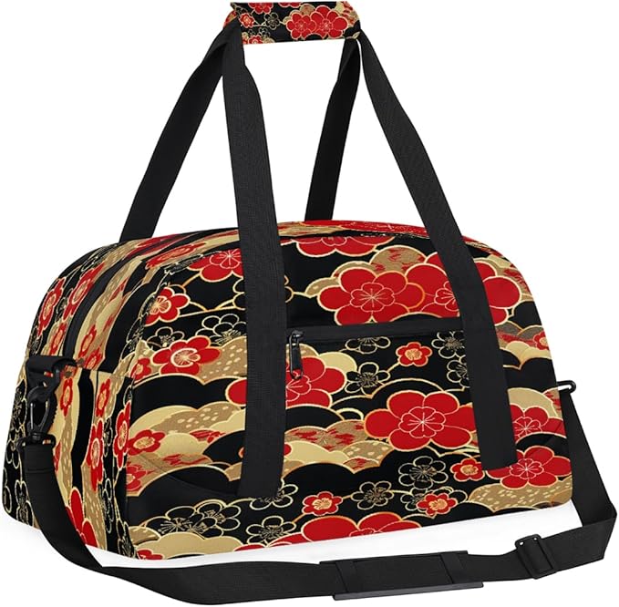 Sports Duffel Bags, Red And Black Japanese Cherry Blossoms Water-Resistant Gym Duffle Bag for Men Women, Lightweight Weekender Overnight Bag for Fitness, Workout, Travel