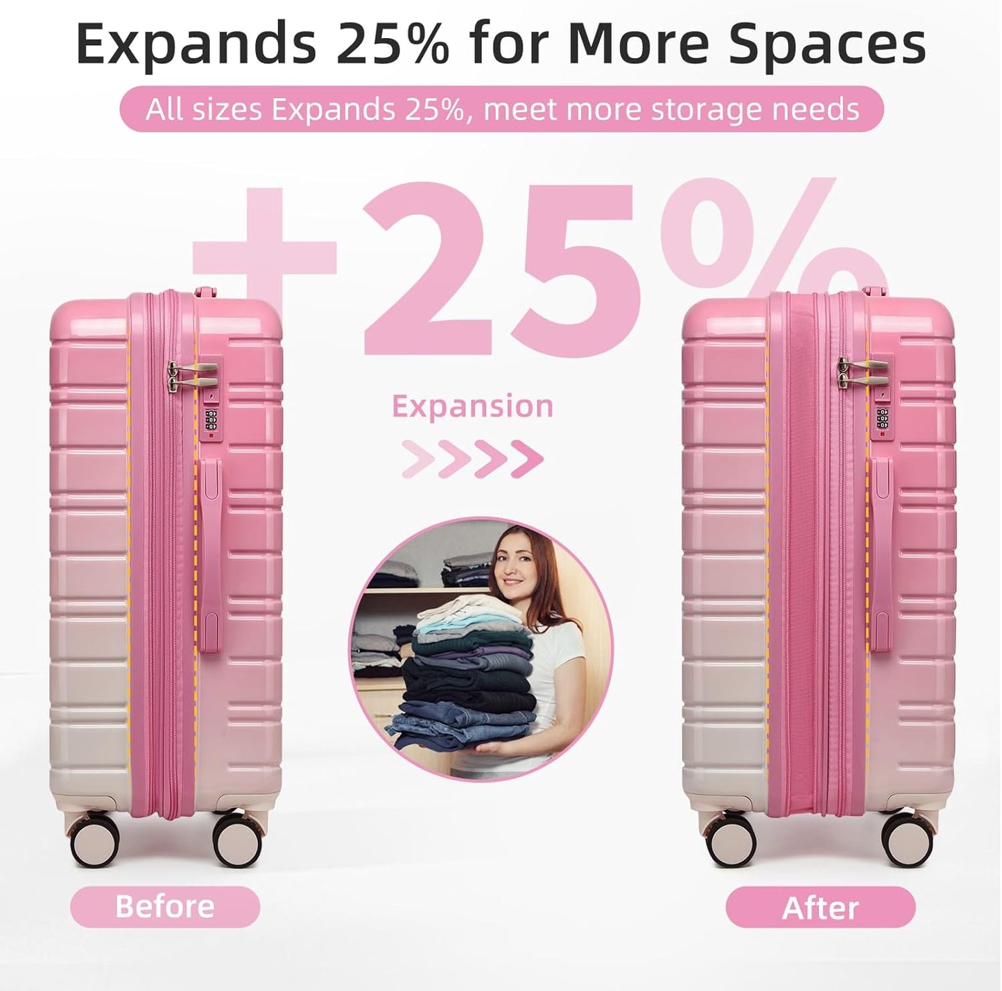 LARVENDER Luggage Sets 5 Piece Hardside Expandable Suitcase with Wheels Lock,PC+ABS Hardside Lightweight Rolling Suitcase for Women and Men,Peach Sparkling