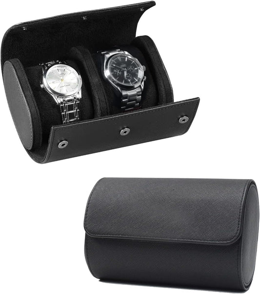 Watch Travel Case, Luxury Leather Watch Roll 2 Slot Organizer Box, Jewelry Storage Case Gifts for Man and Woman Christmas Anniversary Birthday (Black-2slot)