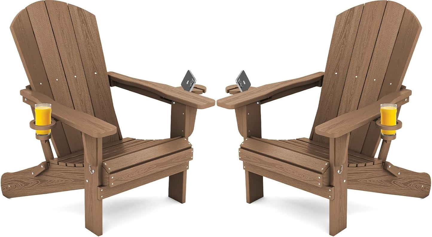 SERWALL Adirondack Chair with Cup Holders - Composite Adirondack Chairs Set of 2 HDPE Outdoor Chairs All Weather Use- Brown
