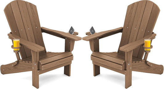 SERWALL Adirondack Chair with Cup Holders - Composite Adirondack Chairs Set of 2 HDPE Outdoor Chairs All Weather Use- Brown