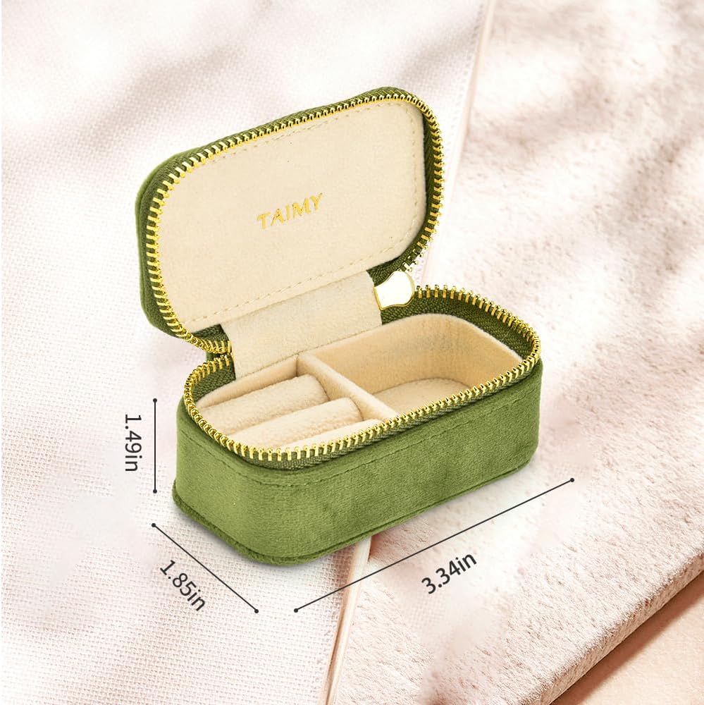 Small Travel Jewelry Case, Mini Tiny Plush Velvet Jewelry Box for Women and Girls, Pocket Size Jewelry holder organizer for Rings Earrings and Small Items(Avocado Green)