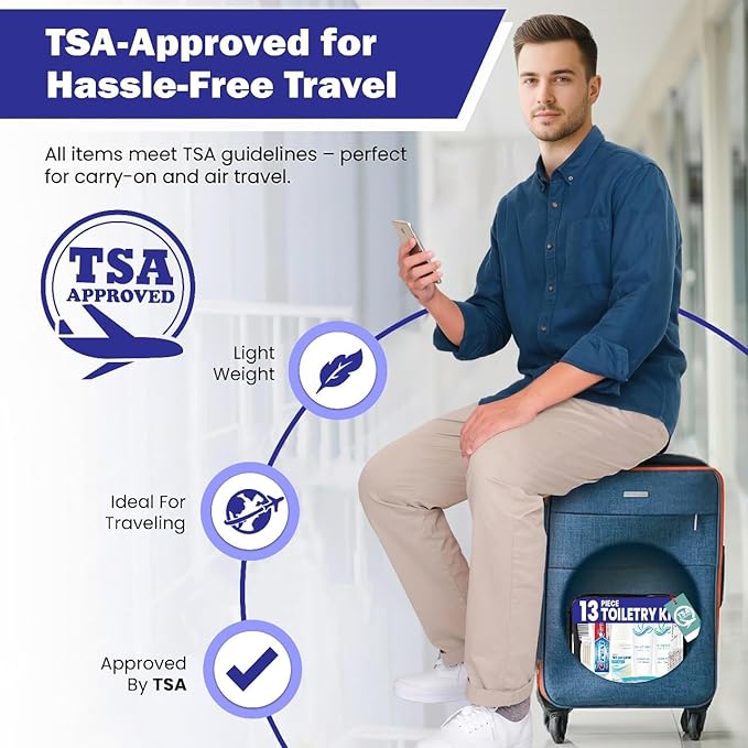 Trektote Travel Toiletry Kit For Men And Women – 13 Piece Set of Travel Size Toiletries, TSA Compliant, Travel Essentials, Includes Shampoo And Conditioner, Body Wash, Oral Care, Toiletry Bag & More