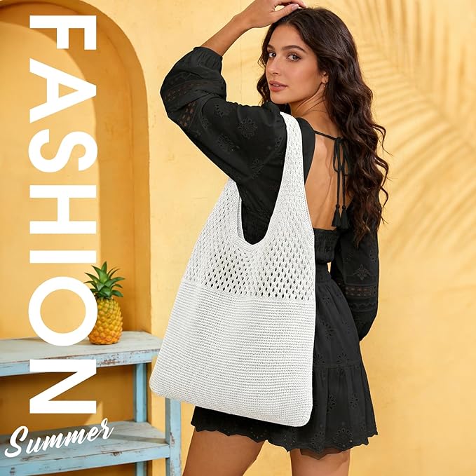SUOSDEY Crochet Mesh Beach Tote Bag, Knit Summer Vacation Aesthetic Boho Tote Bag for Women