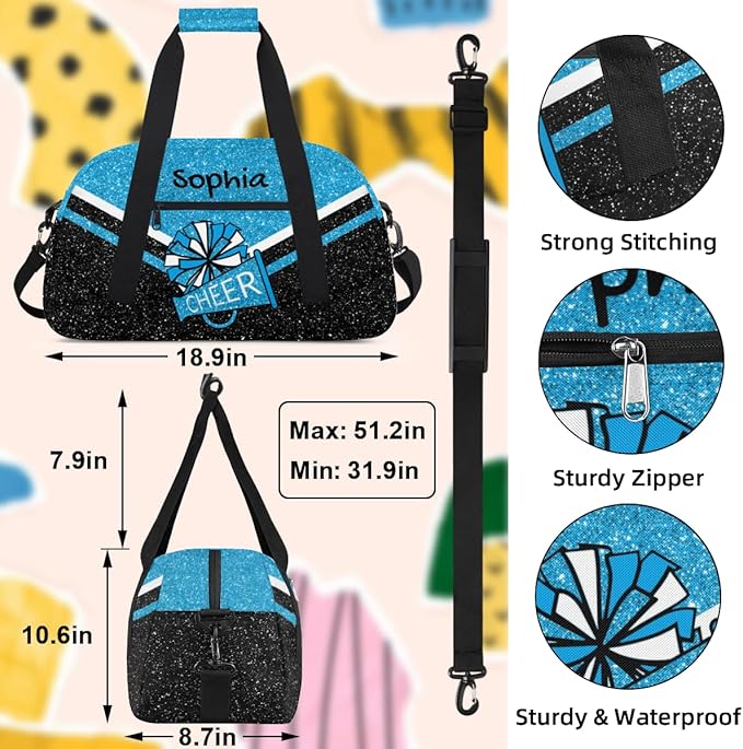 Personalized Sky Blue Glitter Cheer Bag for Cheerleaders, Custom Sport Gym Bag Dance Bag Travel Duffle Bag Cheerleading Gifts for Women