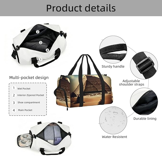 Dream Khufu's pyramids Print Gym Bag with Shoe Compartment for Women Men, 17.7in Sports Duffle Weekender Tote, Overnight Travel Duffel Bag Carry On
