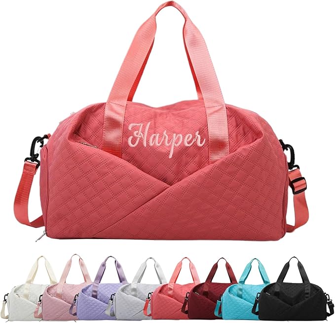 Personalized Travel Duffle Bag for Women with Embroidered Name Custom Sport Gym Weekender Overnight Carry On Tote Luggage Bag with Shoe Compartment Dance Bags for Girls Customized Gifts Rose Red