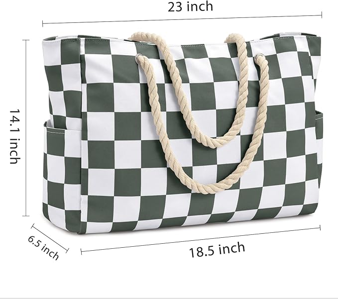 Becokan Beach Bags for Women Checkered Large Beach Tote Bag Zipper Beach Bags Waterproof Sandproof Canvas Swim Pool Bag