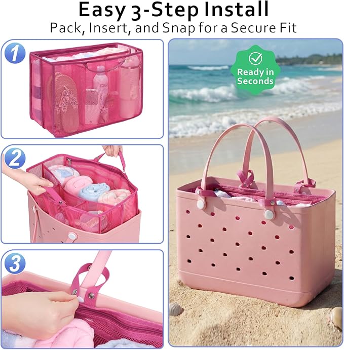 F-color Beach Bag Organizer Insert Compatible with Silicon Bag Original Large, Mesh Tote Liner with 10 Pockets & Adjustable Handle, Lightweight Divider Pouch for Beach Accessories Organizing, Pink