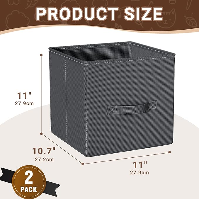 Cube Storage Bins, 11 Inch Fabric Organizers with Handles - Foldable Collapsible Storage Cubes for Shelves, Bedroom, Closet, Cabinet, Bookcase, or Office (Grey, Pack of 2)