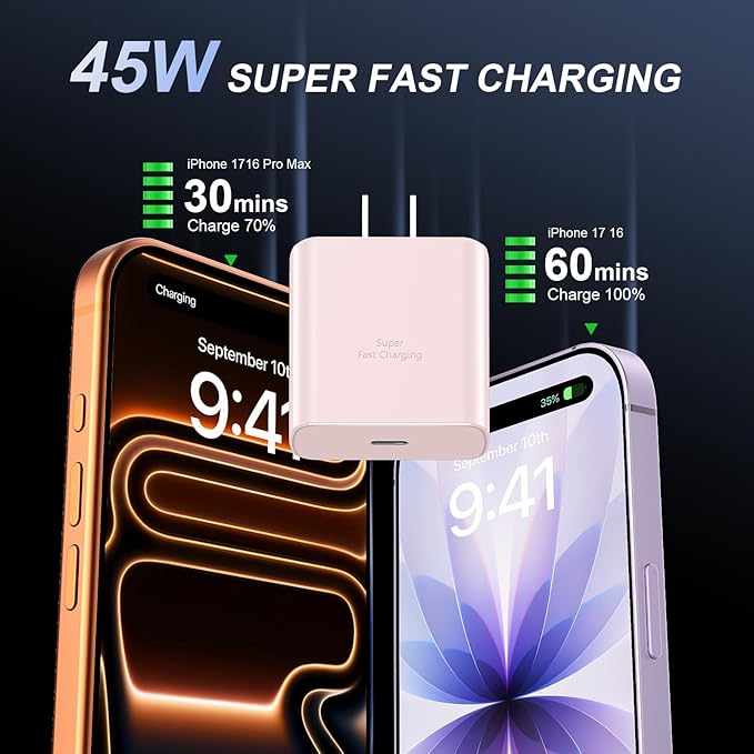 Phone 17 16 Pro Max Charger Fast Charging, 45W USB C Phone 17 16 Super Fast Charger Block with 6.6ft Long Type C Charging Cable Cord for i.Phone 17 Pro Max/17 Pro/17 Air/17/16/16Pro/16 ProMax-Pink