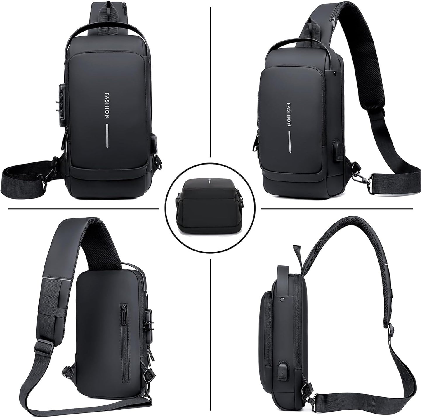 Sling Bag for Men Anti-theft USB Crossbody Shoulder Backpack Purse Waterproof PU Leather Chest Bag Travel Daily Use