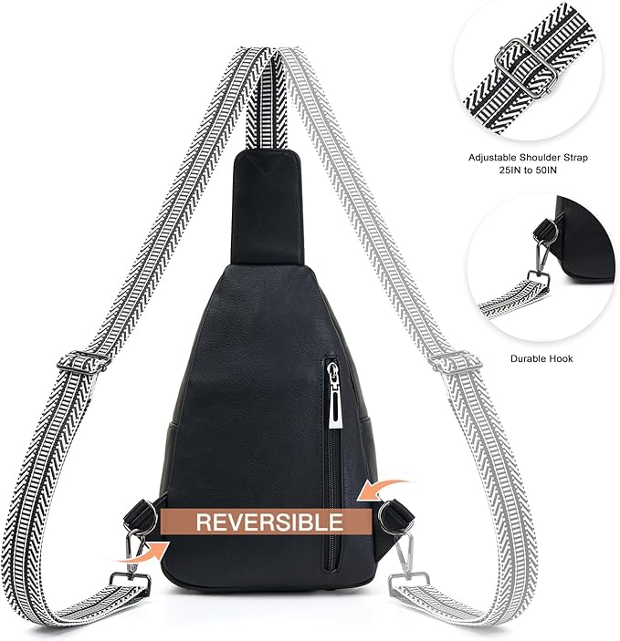 7L Sling Bag for Women Vegan Leather Crossbody Purse Chest Bags Fashionable Trendy Fanny Pack with Travel, Black