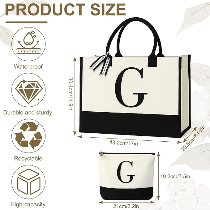 Personalized Canvas Tote Bag for Women Makeup Pouch Initial Beach Bag Removable Bottom Board for Travel Birthday