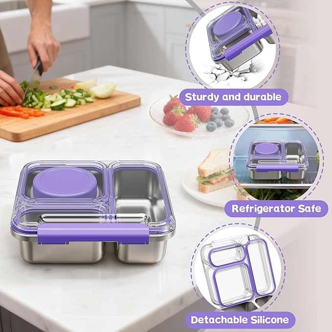 Stainless Steel Bento Box Kids Adult with 7oz Insulated Food Jar, Transparent Lid Metal Lunch Box With Soup Thermal Jar, Lunch Box Container with Removable Divider & Sauce Cup School (Purple)