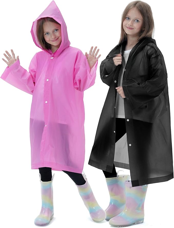 2 Pack Reusable Waterproof Raincoat EVA Emergency Rain Ponchos One Size Rain Jacket for Children, Boys and Girls