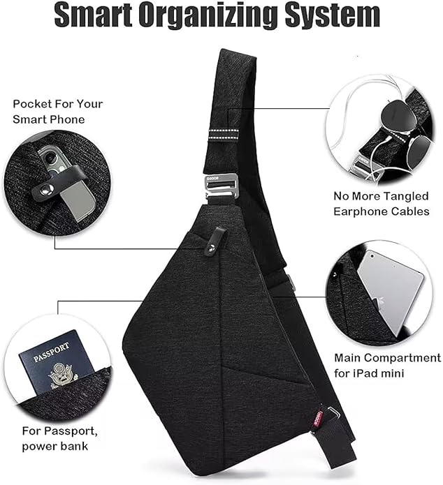 Crossbody Sling Bag, Water-Resistant Anti Theft Chest Pack, Minimalist Commuter Daypack for Travel Hiking Work