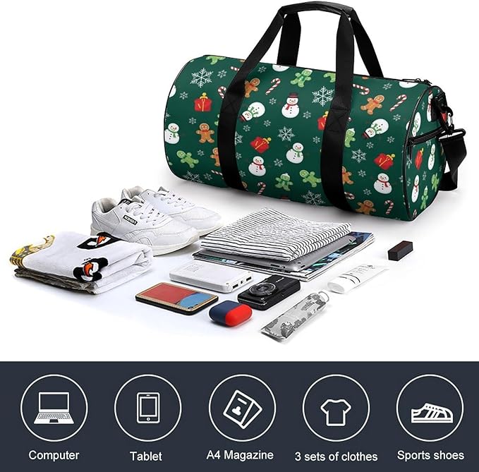 Foldable Gym Travel Bag Basketball Football Weekender Bag Carry on Beach Yoga Overnight Luggage Bags (Christmas Gingerbread Green)