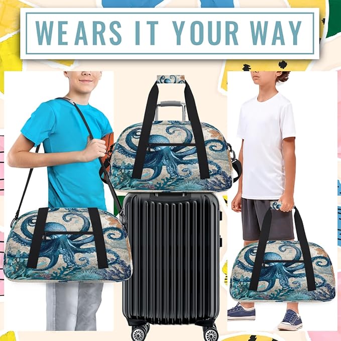 Travel Duffle Bag for travel duffle bag sports Girls Boys Kids Octopus Sea Retro Lightweight Overnight Sleepover Weekender Bags Small Dance Gym Sport Bag Teens Carry-On Size Workout Bag