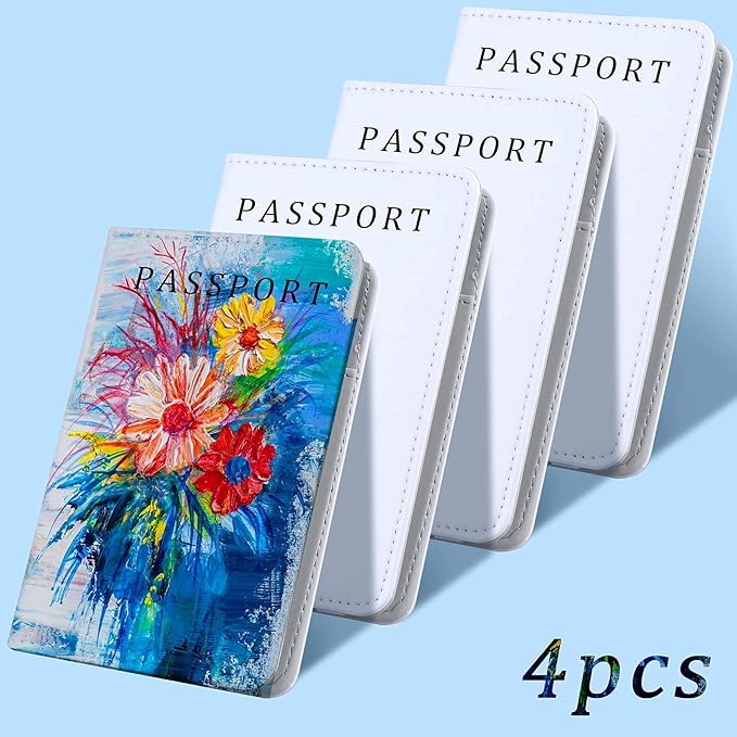 4-Piece DIY Sublimation Passport Holder Covers, PU Leather, RFID Blocking, Black, Unisex, Minimalist Style, 5 Compartments, 3 Card Slots, Boarding Pass Pocket