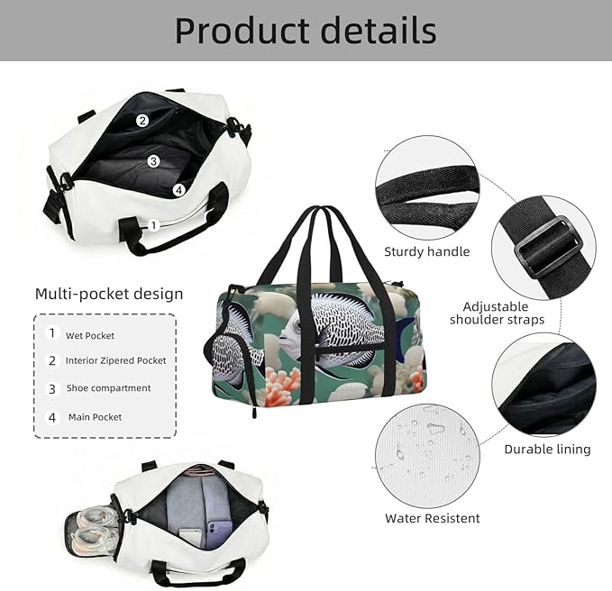 White Tropical Fish Print Gym Bag with Shoe Compartment for Women Men, 17.7in Sports Duffle Weekender Tote, Overnight Travel Duffel Bag Carry On