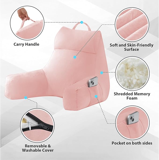 Back Pillow for Bed Sitting up, Reading Pillow for Sitting in Bed Adult, Back Support Pillow, Memory Foam Sit up Lounge Backrest Pillow with Arms for TV, Couch, Chair, Dorm, 18 Inch, Pink