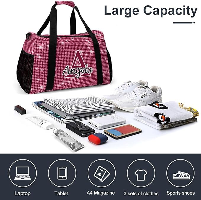 Pink Sparkly Print Personalized Duffel Sports Bag with Name Custom Weekender Overnight Bag Gym Bag Travel Duffel Bag