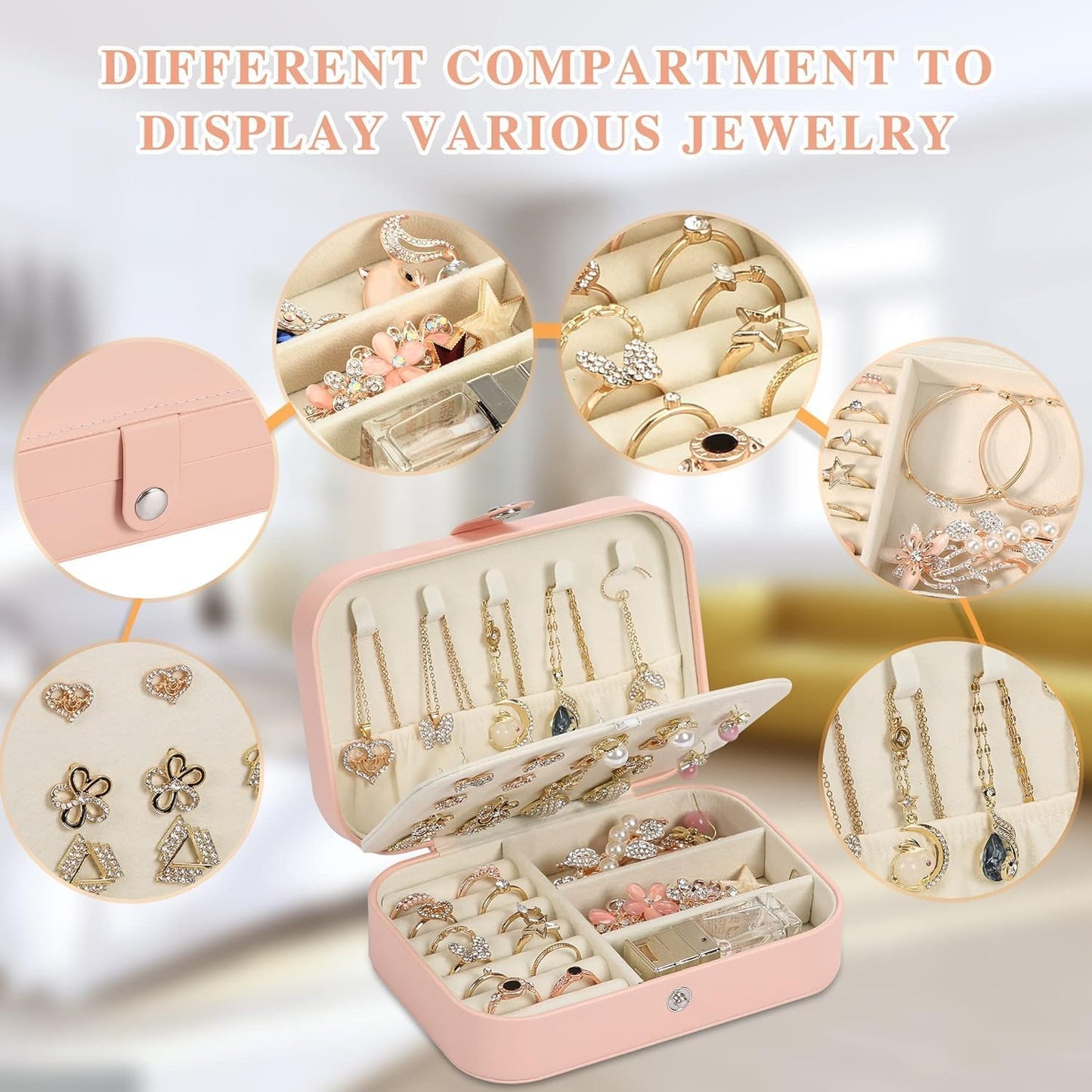 Travel Jewelry Box, PU leather Small Jewelry Organizer For Female Girls, double layer portable mini travel case for storing earrings, rings, necklaces.(pink 2pcs)