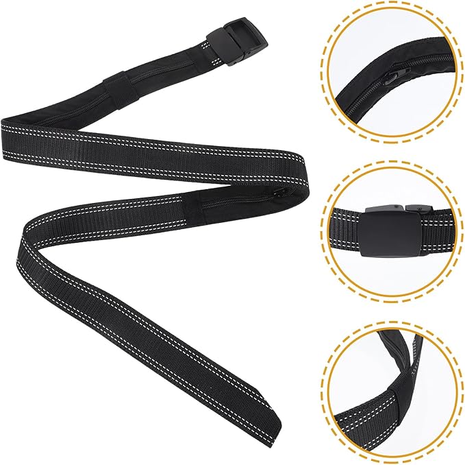 PartyKindom Men's Anti-theft Money Belt with Alloy Buckle, Travel Hidden Waist Belt, Double-line Black Matte Leather for Secure Everyday Use