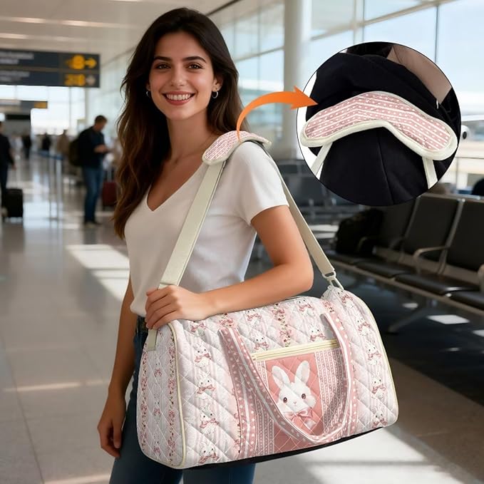 COEQINE Easter Tote Handbags for Women Quilted Gym Bag Pink Quilted Bunny Cute Animal Print Quilted Tote Bags with Shoulder Strap for Overnight Travel Weekender Tote Handbags