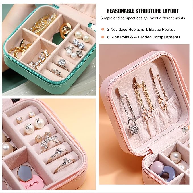 MODENGKONGJIAN Mini Jewelry Travel Case, PU Leather Travel Jewelry Organizer Box, Small Portable Portable Jewellery Storage Holder for Womens Rings Earrings Necklaces Bracelets (Black)