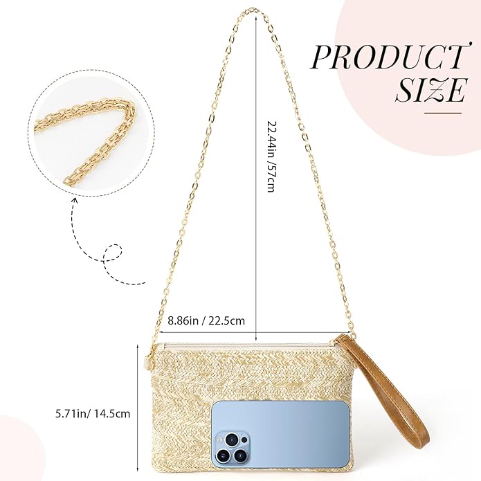 Clothirily Straw Purse Bag for Women Bohemian Handbag with Zipper Wristlet, Beach Clutch Womens Straw Clutch Purse for Summer