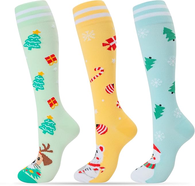 fenglaoda 3 Pairs Compression Socks for Women & Men Knee High Nurse Pregnant Cute Medical Running Travel Athletic