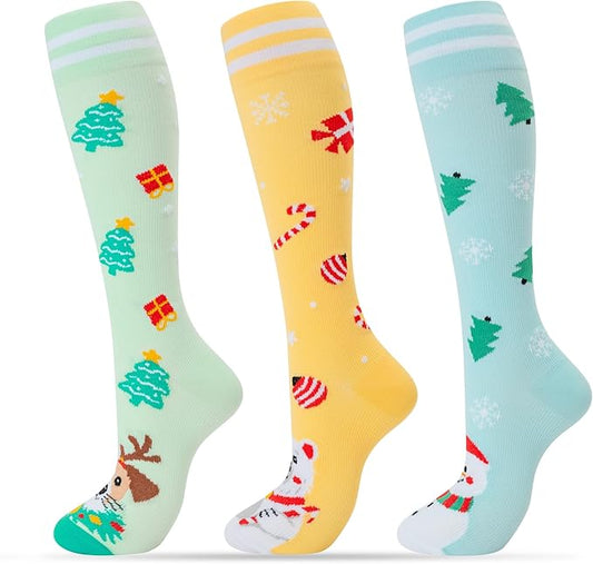 fenglaoda 3 Pairs Compression Socks for Women & Men Knee High Nurse Pregnant Cute Medical Running Travel Athletic