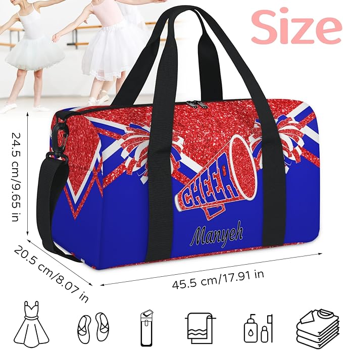 Custom Named Cheer Dance Ballet Bag, Cheerleading Gym Sports Travel Duffle Bag Men Tote Carry On Weekend Sports Travel, Red Glitters Royal Blue
