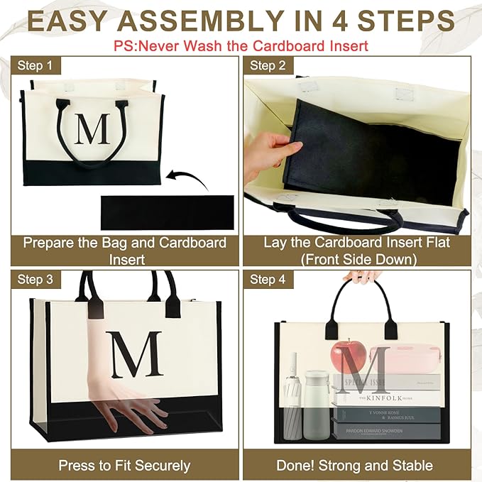 Personalized Canvas Tote Bag for Women Makeup Pouch Initial Beach Bag Removable Bottom Board for Travel Birthday