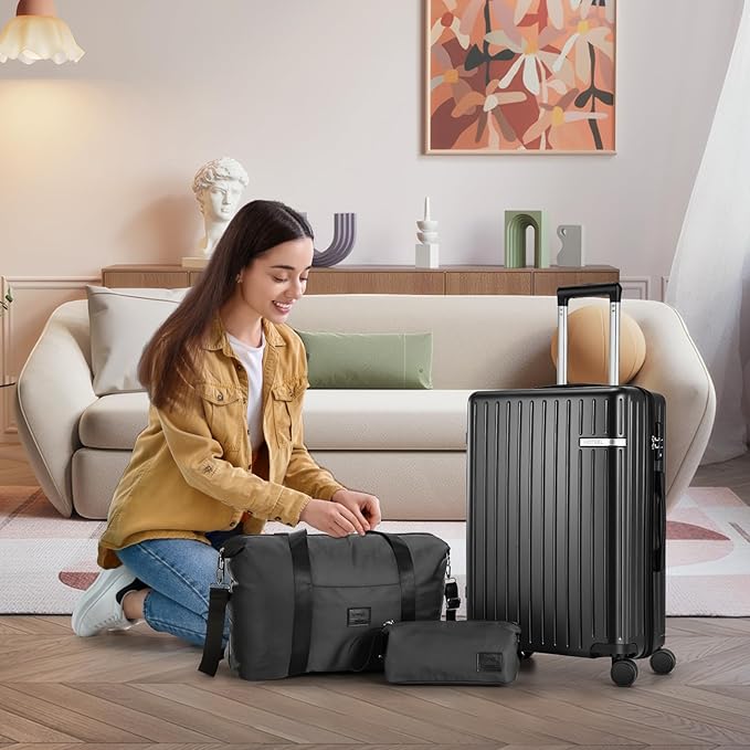 Hoteel Luggage Sets 3 Piece Carry on Luggage with Spinner TSA Lock for Unisex (4-YEAR WARRANTY), ABS+PC Hard Shell Rolling Carry-on Suit Case for Plane, Travel, Business, Gloss Black (20in/DB/TB)