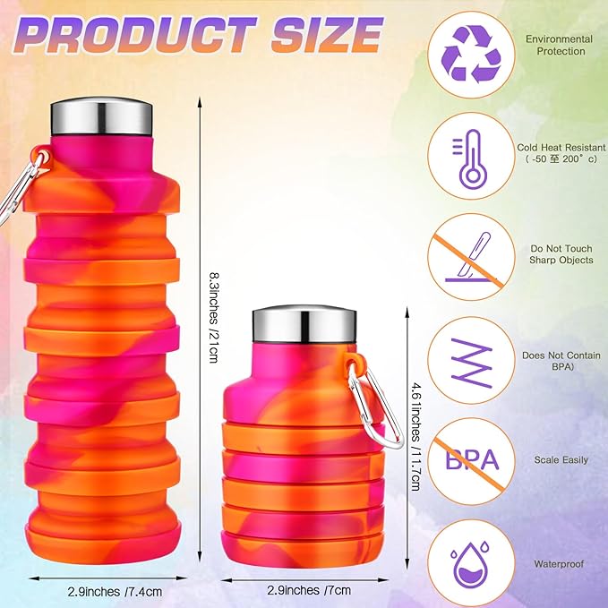 Sunnyray Collapsible Water Bottles Bulk Foldable Water Bottles 17oz Silicone Portable Leak Proof Reusable Sports with Clip for Travel Hiking Camping Outdoor(Tie-dye,20 Pack)