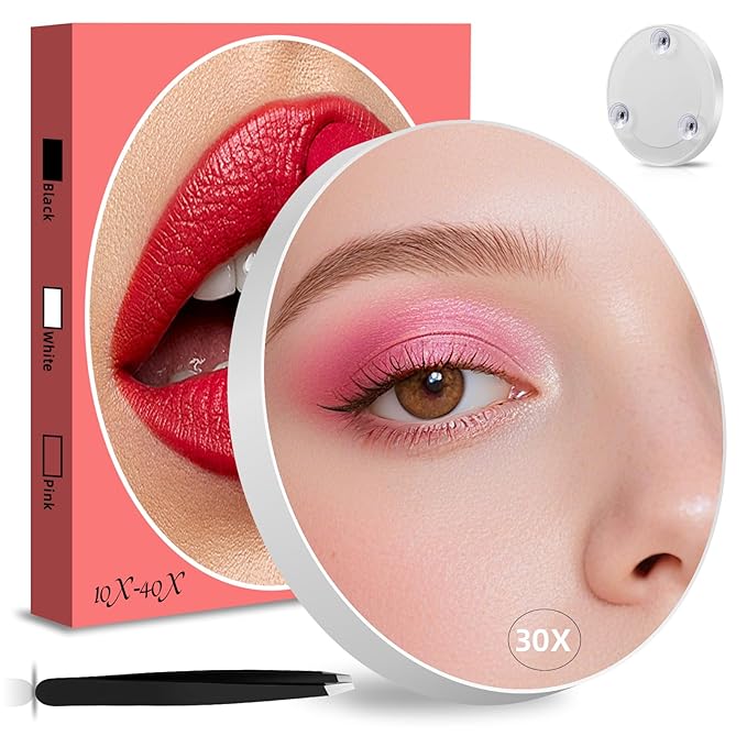 Magnifying Mirror 30X with Suction Cups, 4.5inch Travel 30X Magnified Round Makeup Mirror with High Magnification, Make up Mirror with Tweezers Sets, Ultra Thin of 0.38inch, Lightweight of 0.165lb